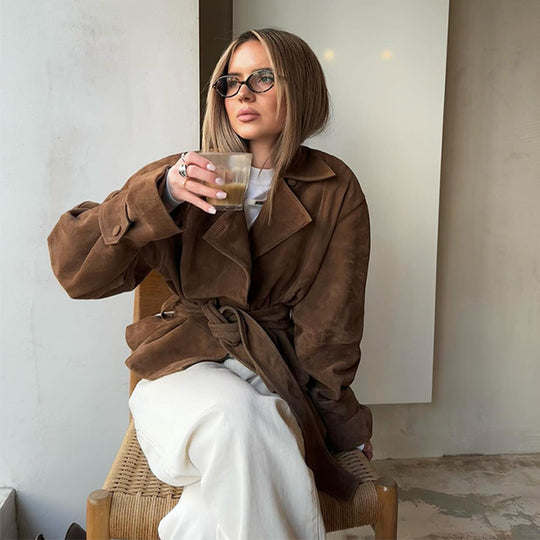 Damen Modische Wildleder-Trenchjacke mit schickem Gürtel R&B