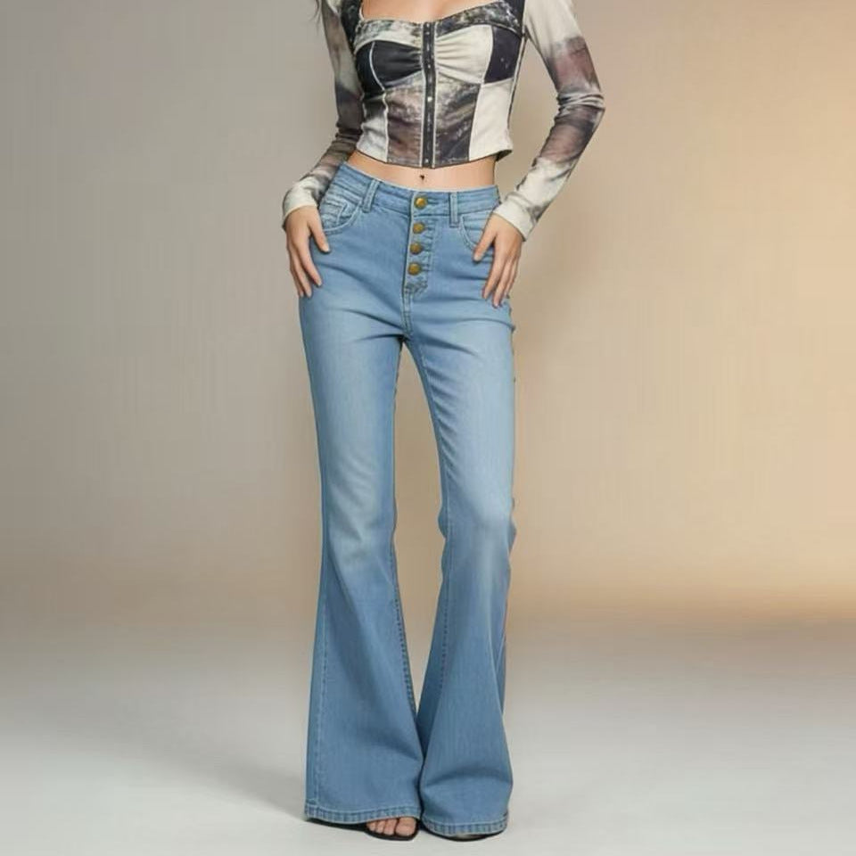 Damen Schlagjeans mit bunten Knopfdetails und hohem Bund R&B