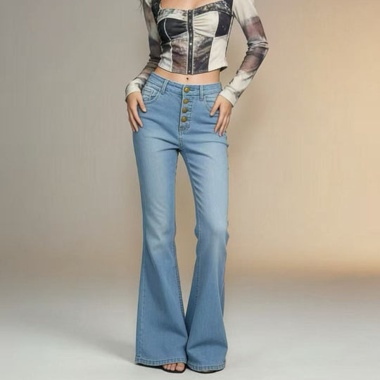Damen Schlagjeans mit bunten Knopfdetails und hohem Bund R&B
