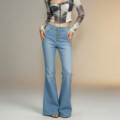 Damen Schlagjeans mit bunten Knopfdetails und hohem Bund R&B