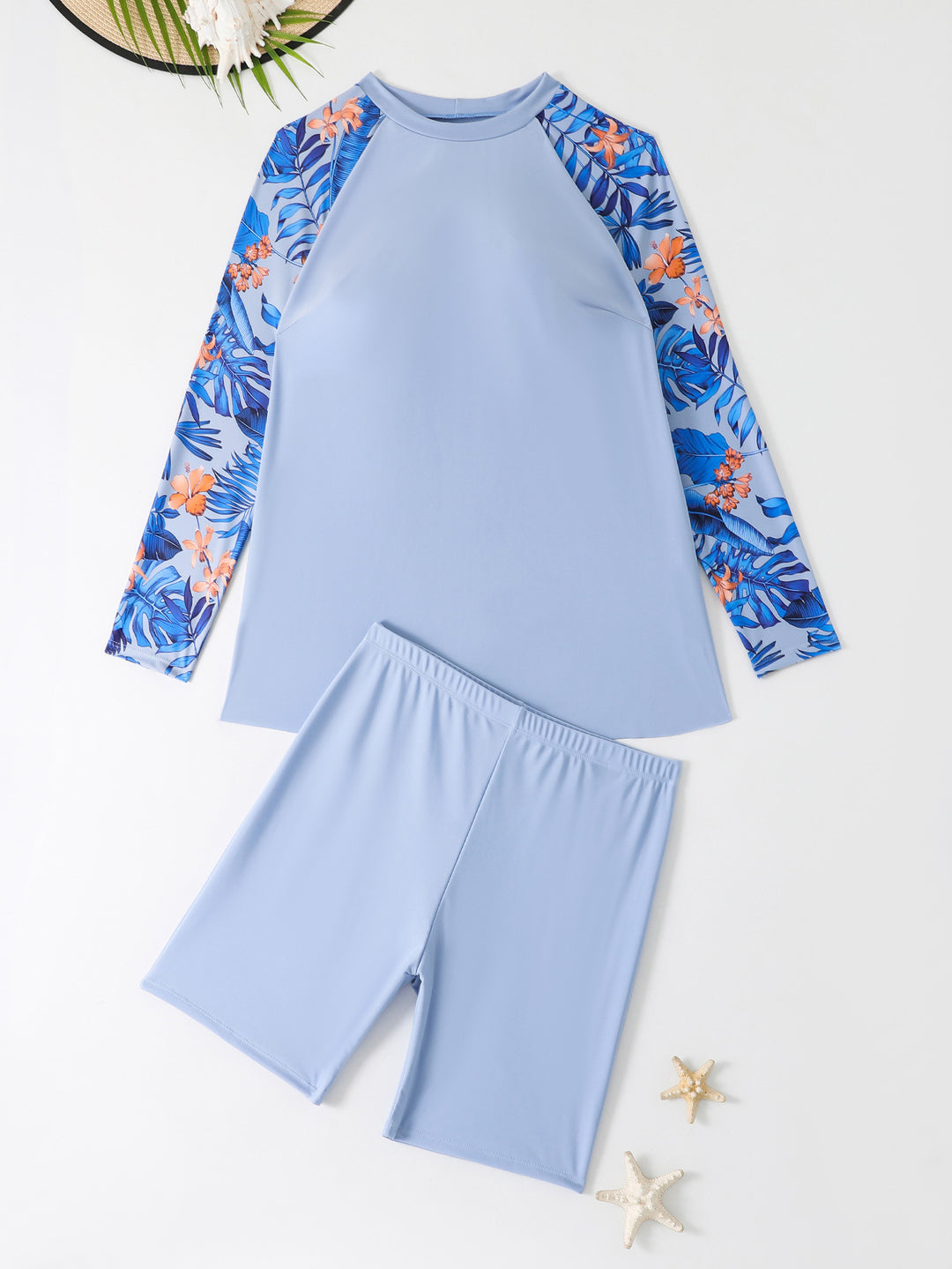 Damen UV-Schutz Surfanzug Set mit langen Ärmeln und farbenfrohem Blattmuster R&B