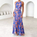 Damen Maxikleid mit elegantem Halterneck und buntem floralen Design R&B