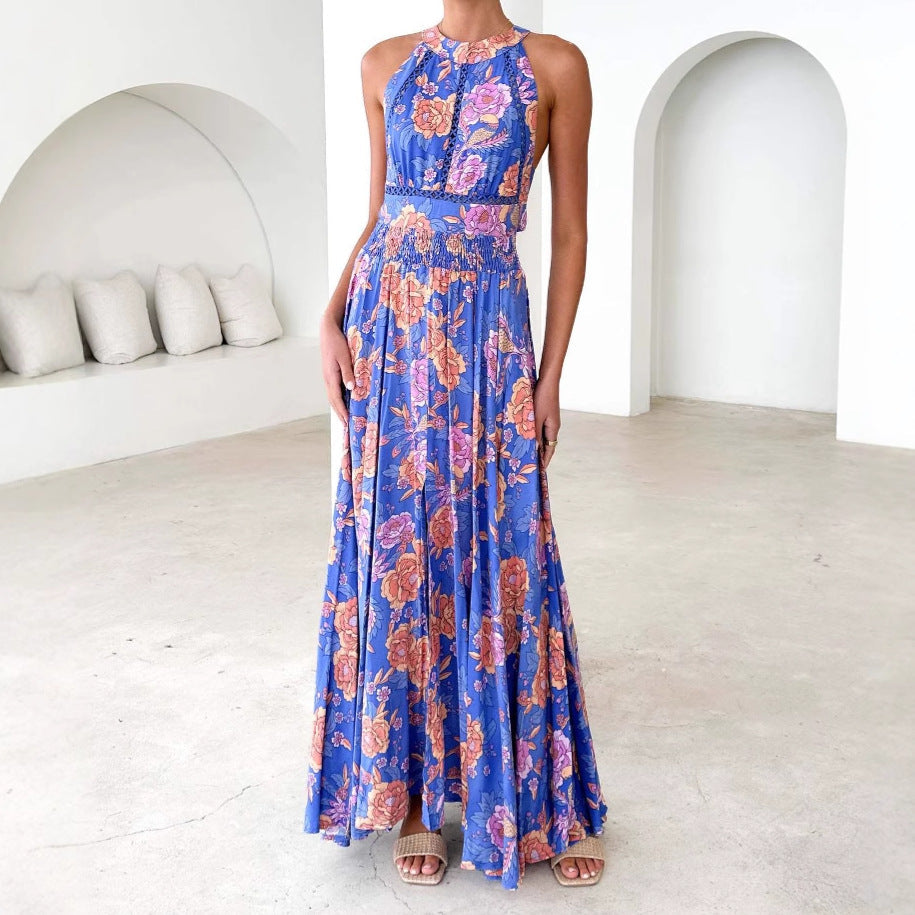Damen Maxikleid mit elegantem Halterneck und buntem floralen Design R&B