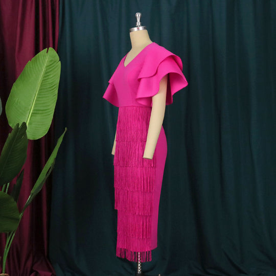 Damen Fransen Maxikleid mit voluminösen Rüschensäumen R&B