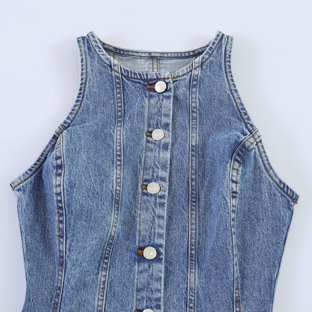 Damen Jeanskleid mit geflochtenem Knoten und durchgehender Knopfleiste R&B