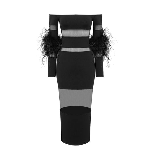 Damen Elegantes Kleid mit transparenten Einsätzen und federverzierten Ärmeln R&B