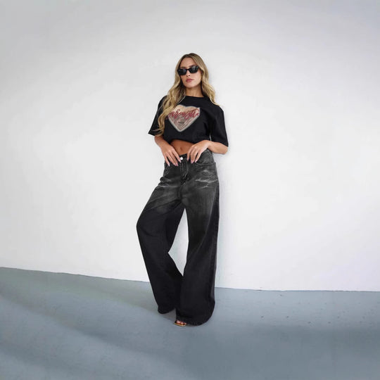 Damen Weit geschnittene Jeans mit modischem High-Waist Design und einzigartiger Waschung R&B