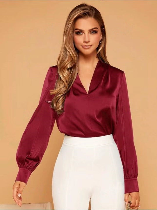 R&B | V-Ausschnitt Langarm Satin Bluse