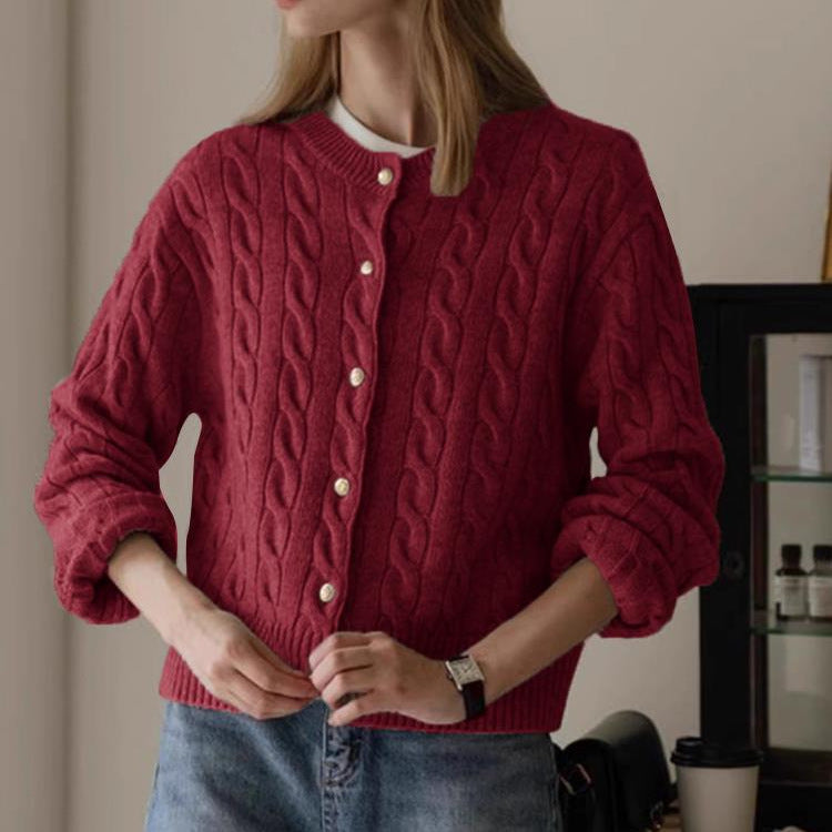 Damen eleganter Strickcardigan mit ausgefallenem Zopfmuster und dekorativen Knöpfen R&B