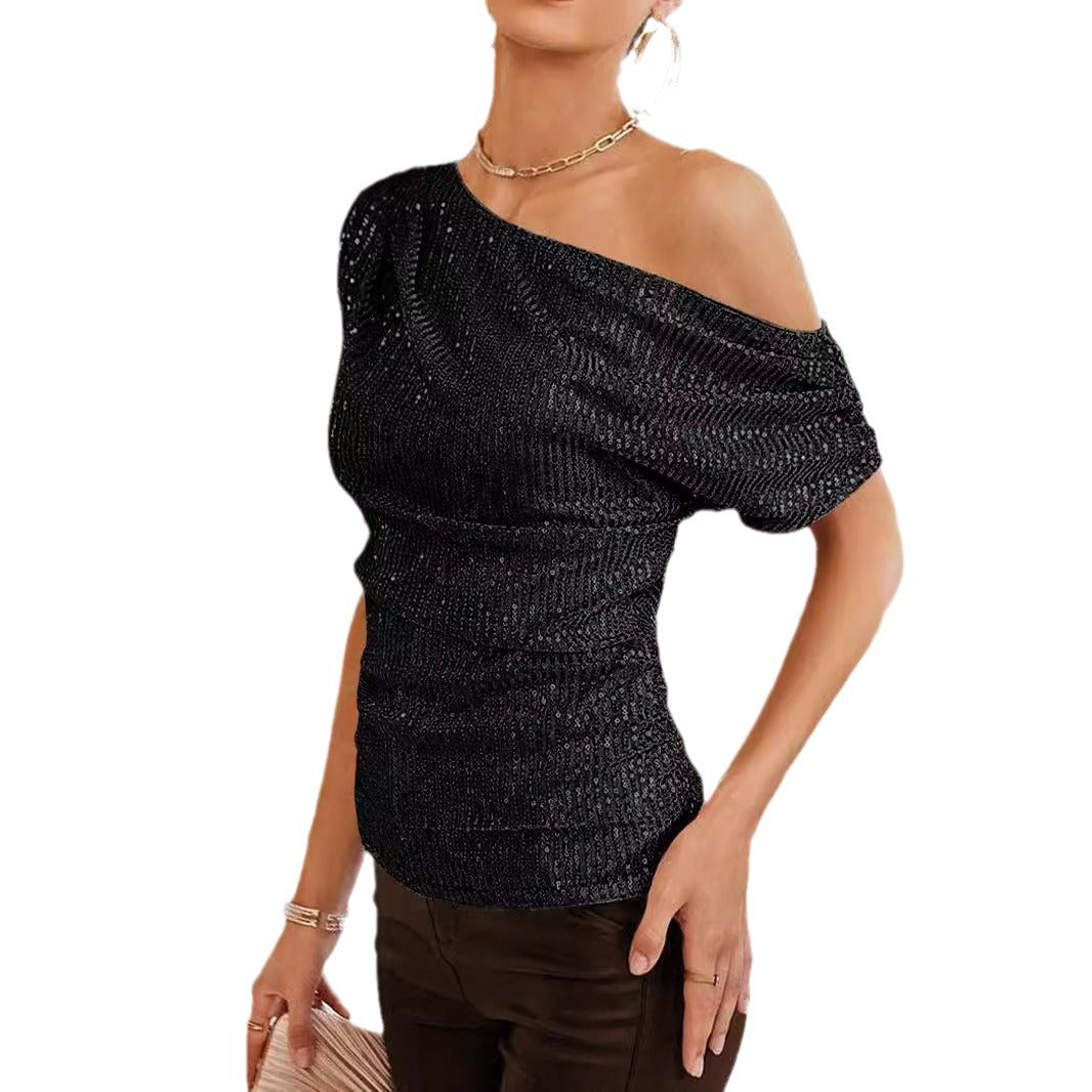 Damen Elegantes One-Shoulder Oberteil mit schimmerndem Knit-Design R&B