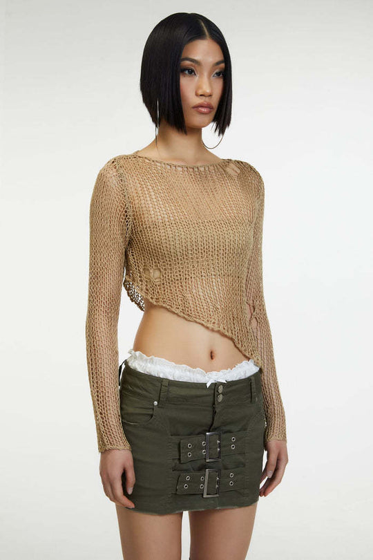 Damen luftiges Strickoberteil mit fransigen Details und asymmetrischem Schnitt R&B