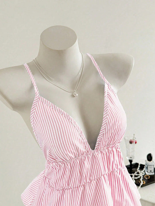 Damen elegantes Oberteil mit V-Ausschnitt und weich fallendem Rüschensaum R&B