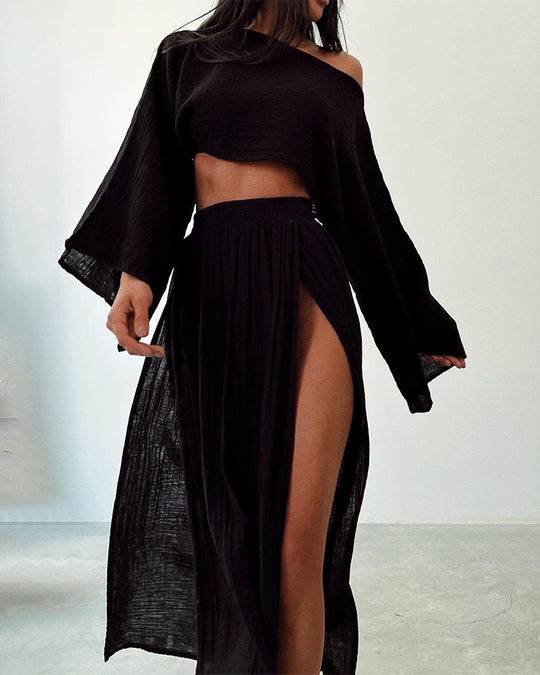 Damen luftiges Set aus cropped Oberteil und hoch geschnittenem Rock R&B