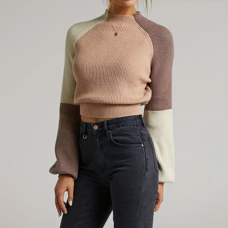 Damen Strickpullover mit weitem Arm und innovativem Farbblockdesign R&B
