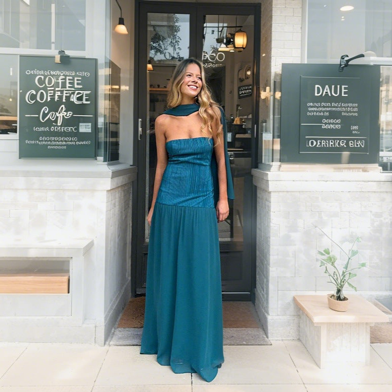 Damen Maxikleid mit undurchsichtiger unterer Schicht und elegantem Faltenwurf R&B