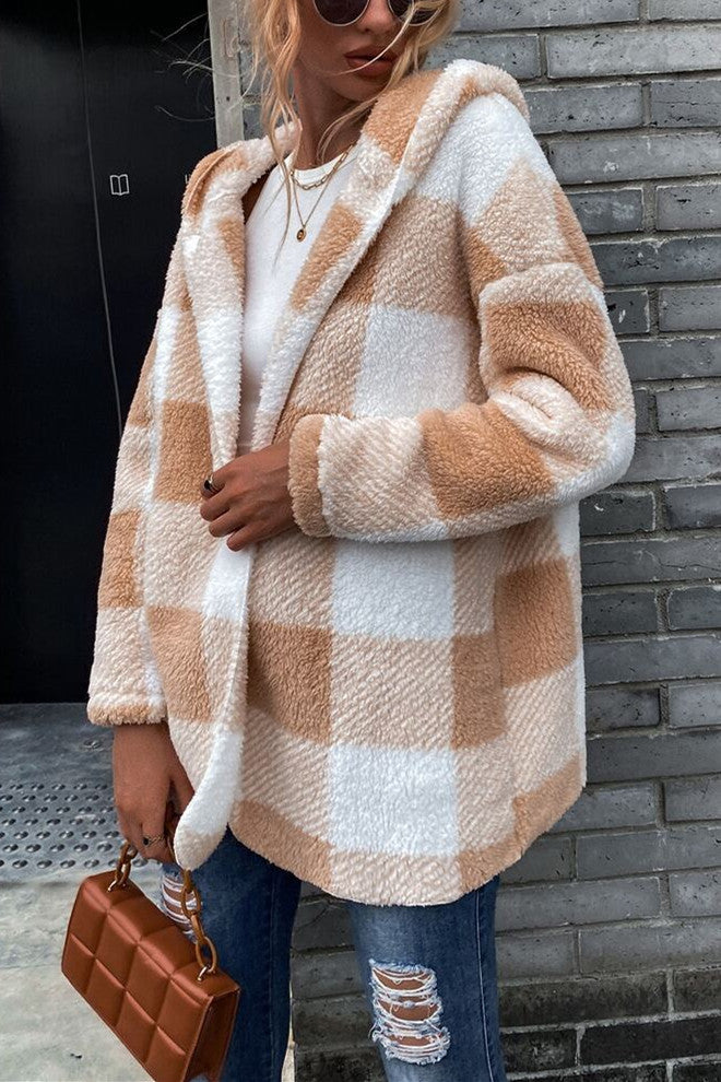 R&B | Lamm Lockerer Kapuzen Plaid Strickjacke Jacke
