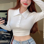 Damen Langarm Crop-Top mit klassischem Kragen und Druckknöpfen