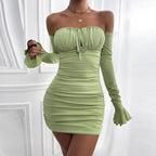 Damen Off-Schulter Minikleid mit Schößchen und langen Ärmeln R&B