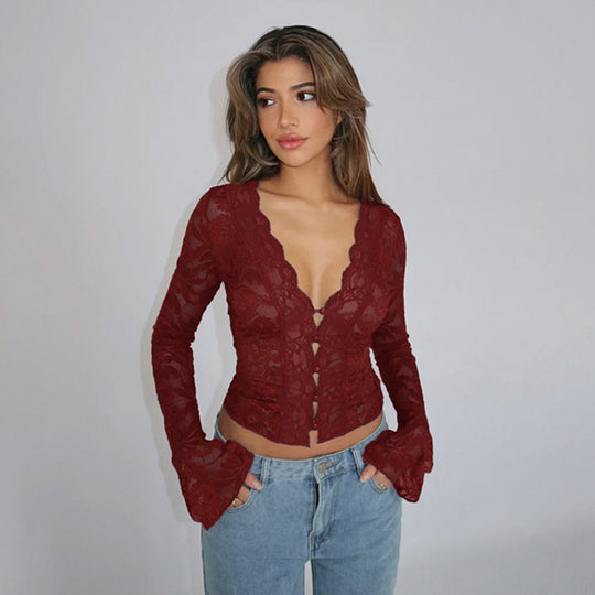 Damen Spitzenbluse mit tiefem V-Ausschnitt und langen Ärmeln R&B