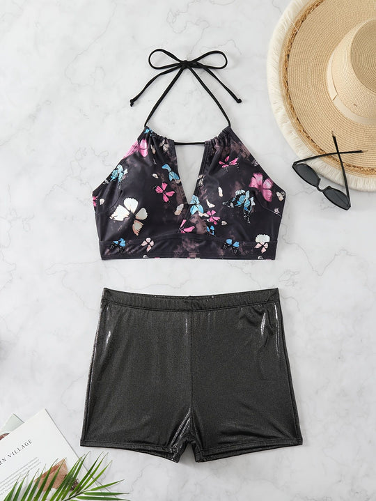 Damen Bikini-Set mit floralem Oberteil und hochglänzenden Shorts R&B