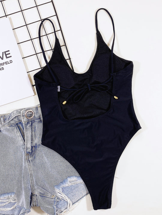 Damen Hochgeschnittener Cut-Out Badeanzug mit Bindebändern R&B