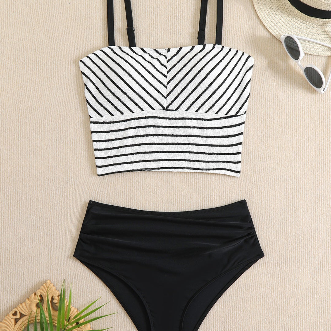 Damen Bikini-Set mit gestreiftem Oberteil und hoch taillierter Hose R&B
