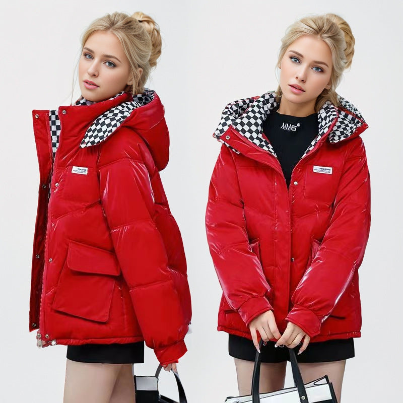 Damen modische glänzende Steppjacke mit hochschließendem Kragen und praktischen Taschen R&B