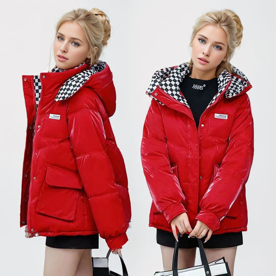 Damen modische glänzende Steppjacke mit hochschließendem Kragen und praktischen Taschen R&B