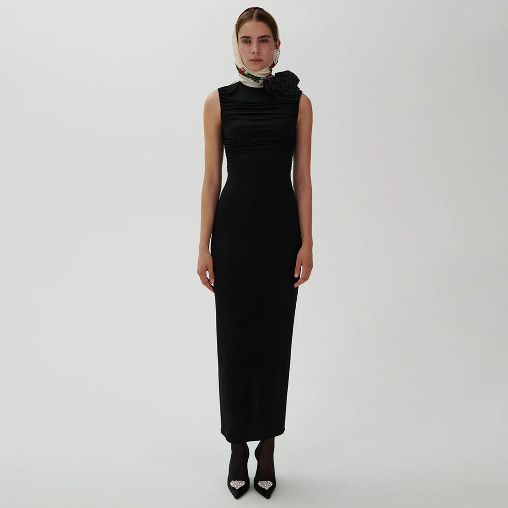 Damen figurbetontes Abendkleid mit asymmetrischem Kragen und floraler Applikation R&B
