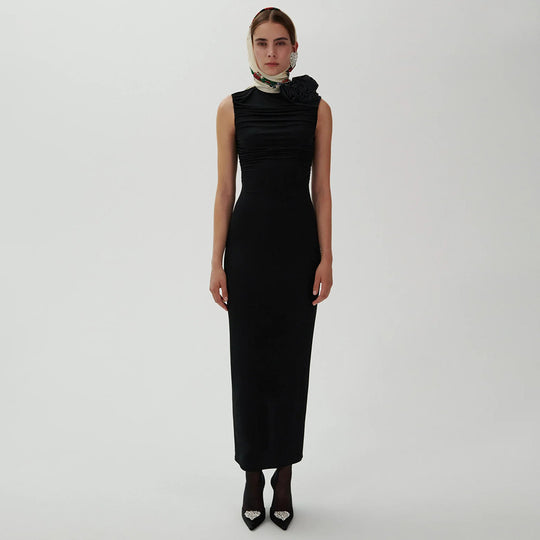 Damen figurbetontes Abendkleid mit asymmetrischem Kragen und floraler Applikation R&B
