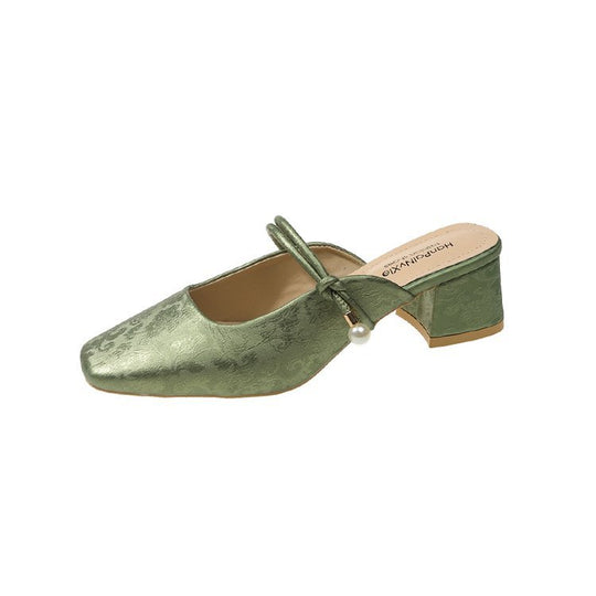 Damen modische Mules mit schicker Perlenapplikation und elegantem Blockabsatz R&B