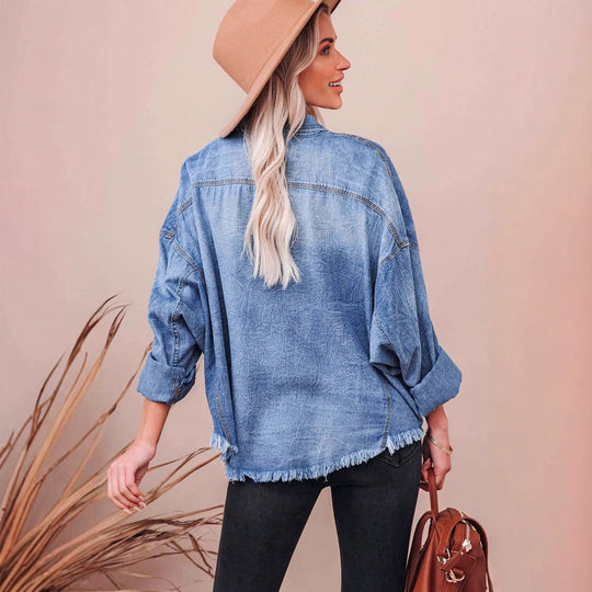 Damen Lässige Denim-Hemdjacke mit fransigen Bündchen und praktischen Taschen R&B