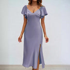 Damen Maxikleid mit eleganten Puffärmeln und seitlichem Schlitz R&B