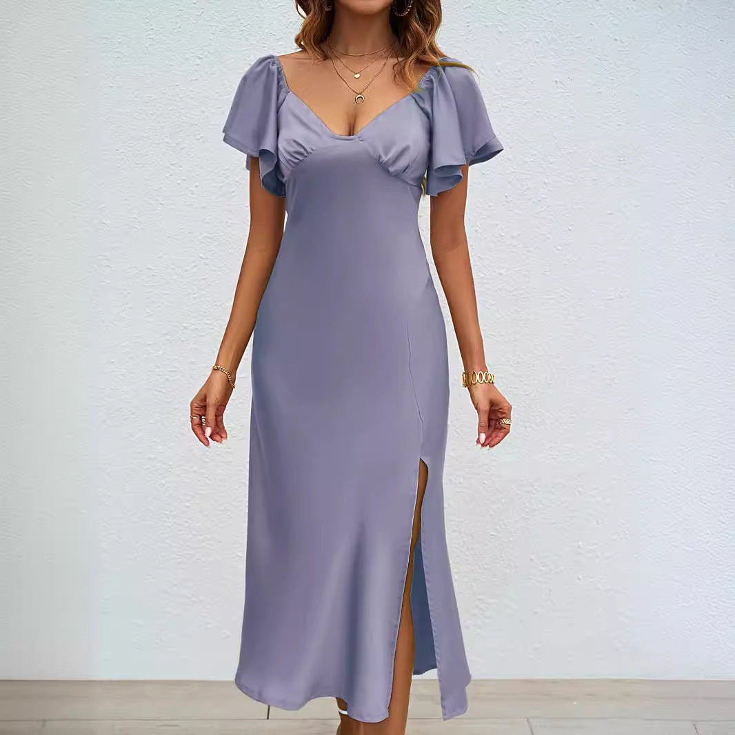 Damen Maxikleid mit eleganten Puffärmeln und seitlichem Schlitz R&B