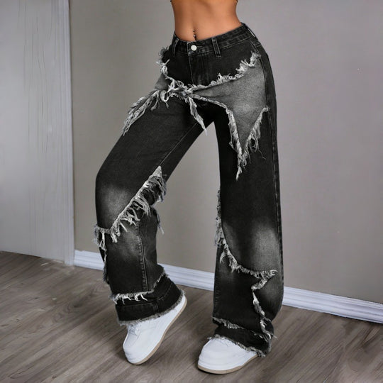 Damen Weite Jeans im modernen Destroyed-Look mit fransigen Details R&B