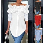 Damen Off-Shoulder Bluse mit Rüschen und Knopfleiste