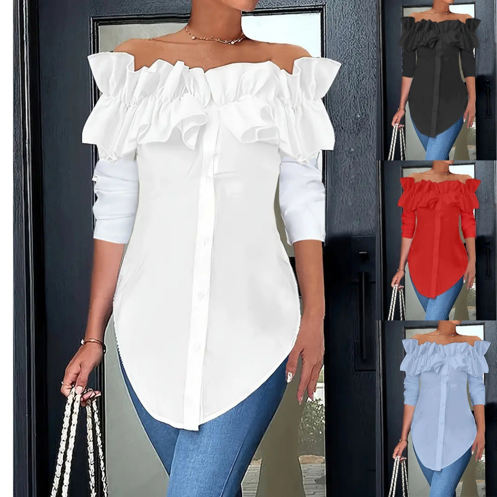 Damen Off-Shoulder Bluse mit Rüschen und Knopfleiste