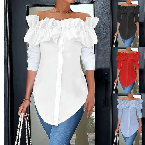 Damen Off-Shoulder Bluse mit Rüschen und Knopfleiste R&B
