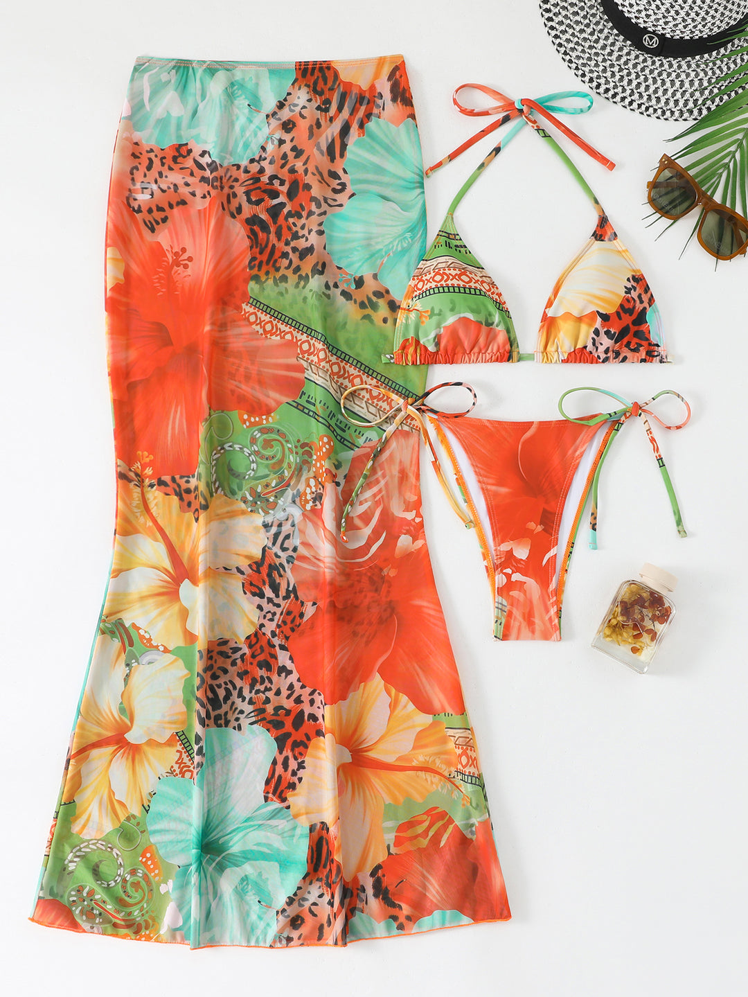 Damen Strandkleid mit blühendem Bikini-Set R&B