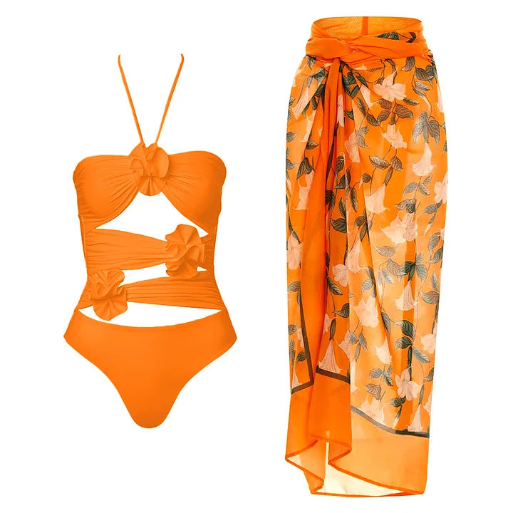 Damen Einteiliger Badeanzug mit floralem Cut-Out und Rüschen R&B