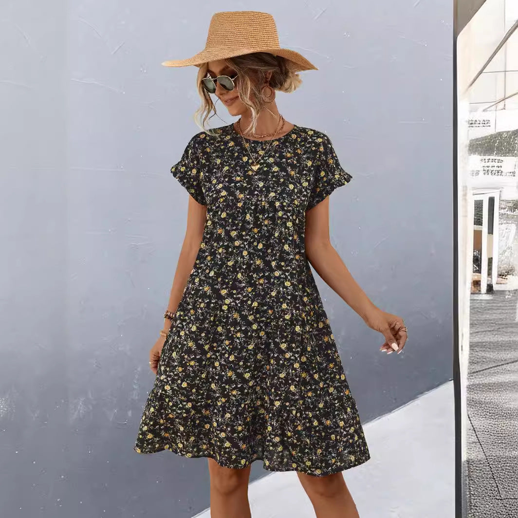 Damen Freizeitkleid mit voluminösem Rock und floralem Design R&B
