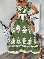 Damen Maxikleid mit V-Ausschnitt und einzigartigem floralem Design R&B