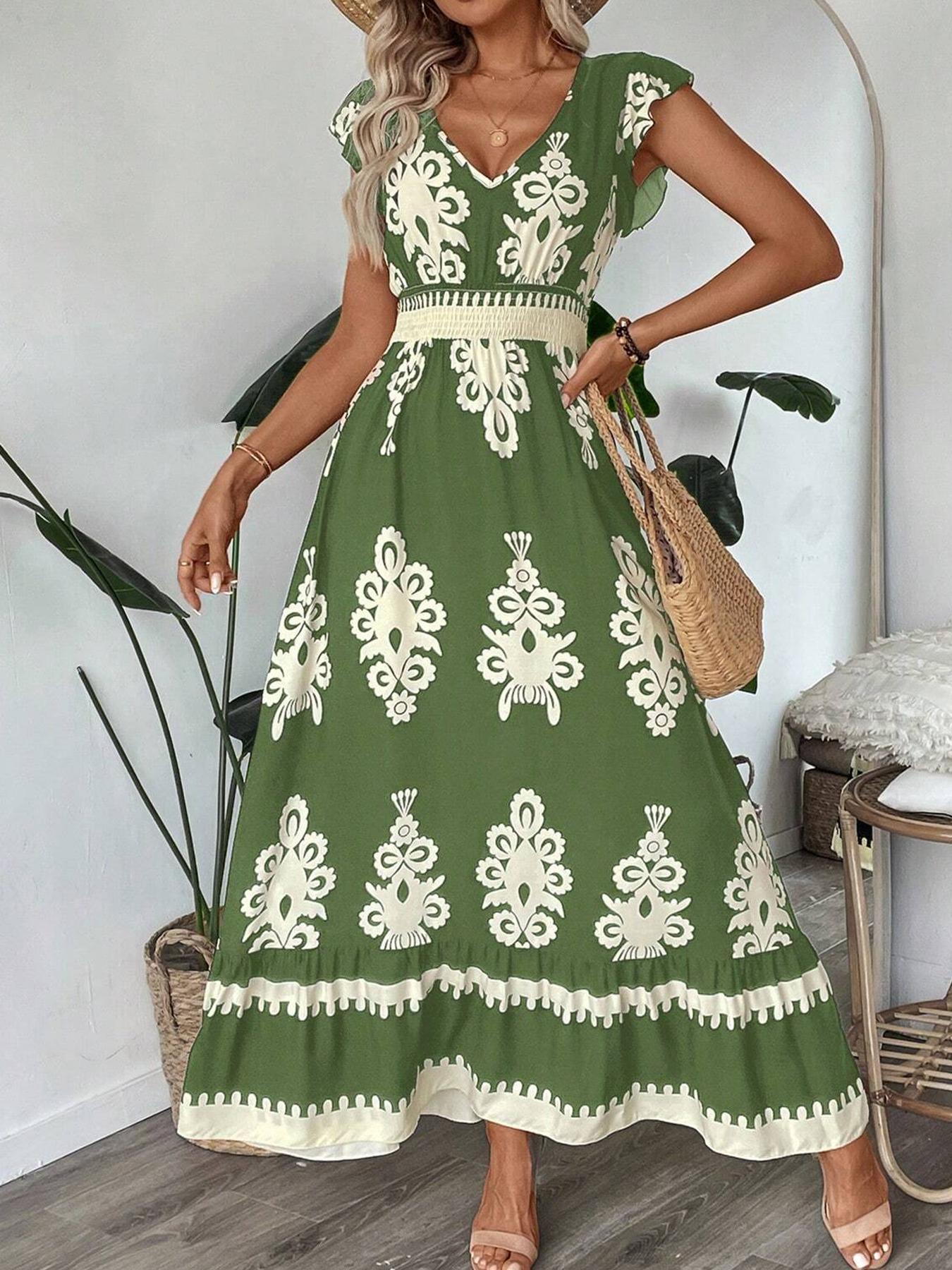 Damen Maxikleid mit V-Ausschnitt und einzigartigem floralem Design R&B