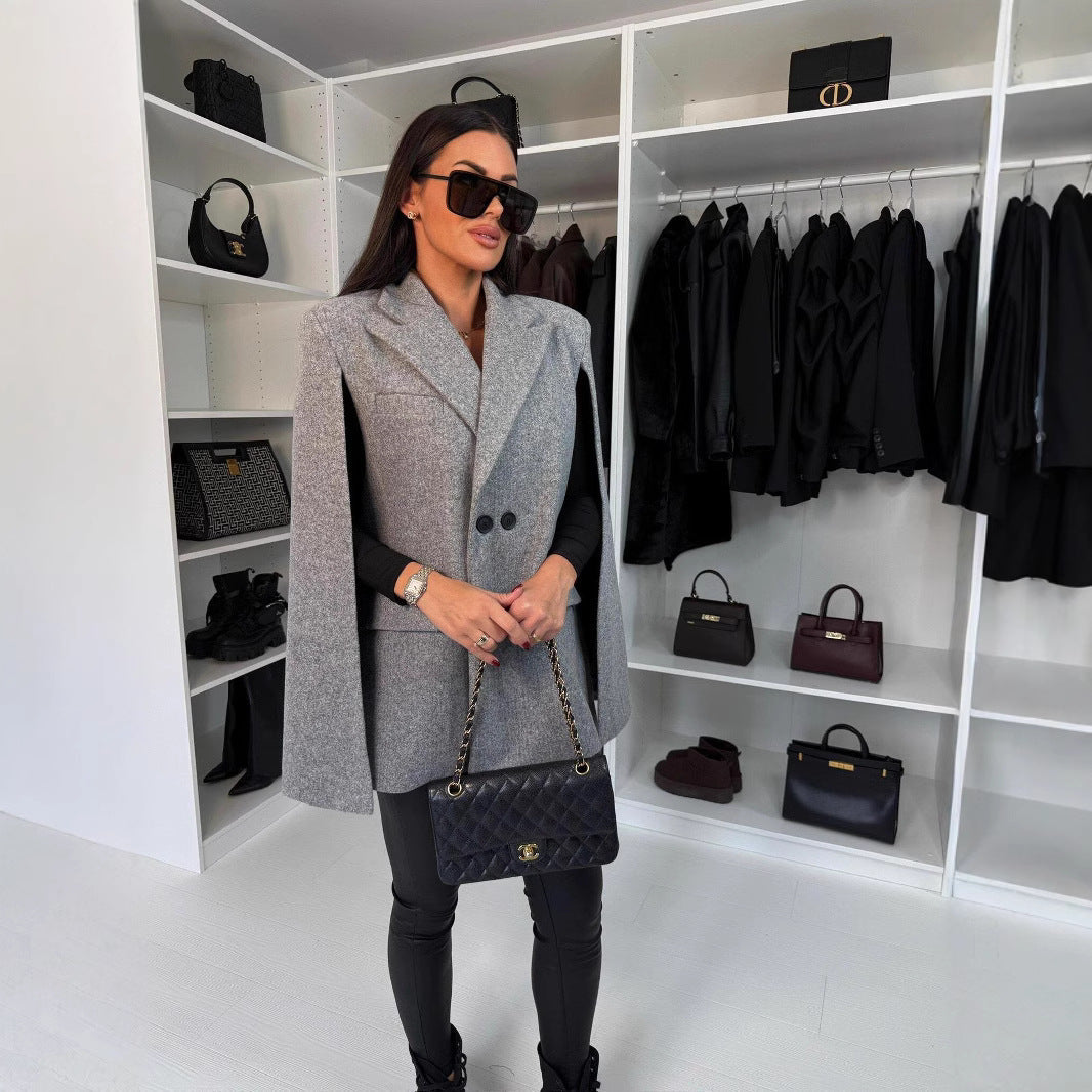 Damen modischer Cape-Blazer mit doppelter Knopfleiste R&B