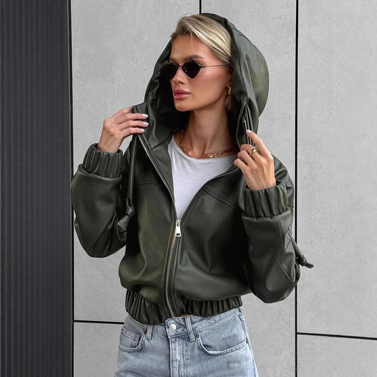 Damen cropped Kunstlederjacke mit kontrastierenden Details und elastischem Bund R&B