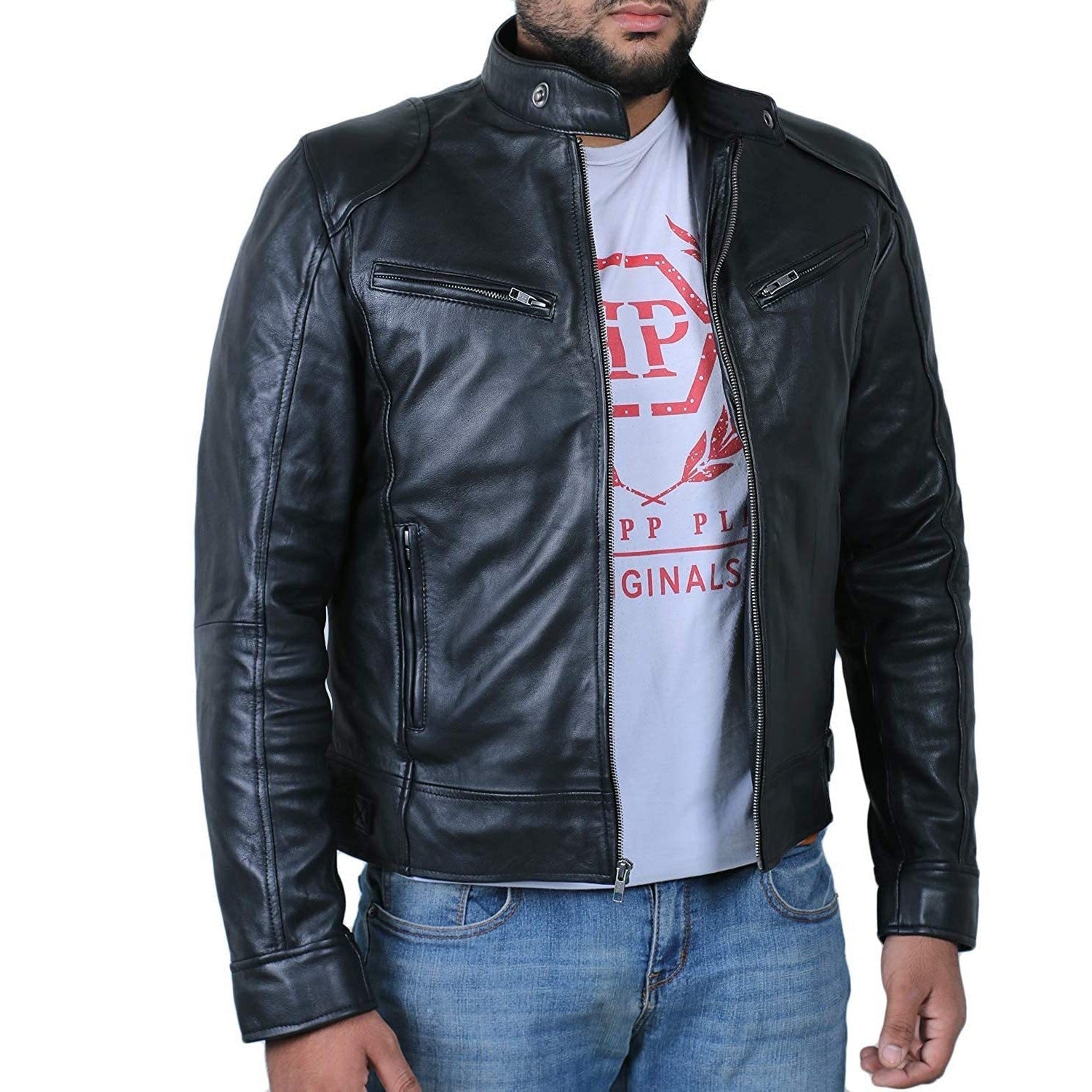 Herren Biker-Lederjacke mit Zipperdetails