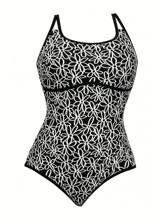 Damen Sportlicher Einteiler Badeanzug mit floralem Muster R&B