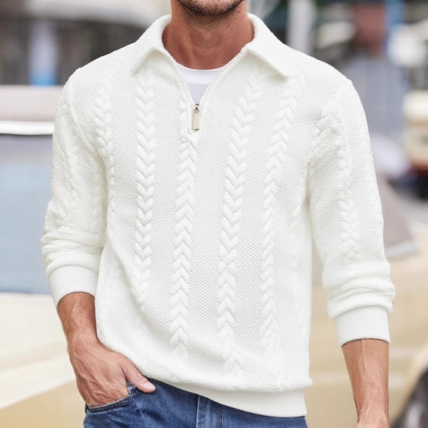 Herren nan Halbzip-Pullover mit Kentkragen, Zopfstrickstruktur und geripptem Saum R&B