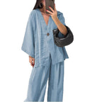 Damen nan entspanntes Zweiteiler-Leinenensemble mit kimonoartiger Oversize-Jacke und weiter Palazzohose R&B