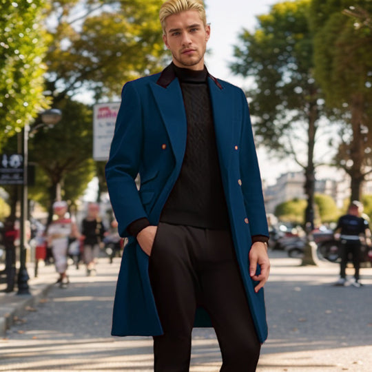 Herren moderner Urban-Mantel mit doppelter Knopfleiste und Samtkragen R&B
